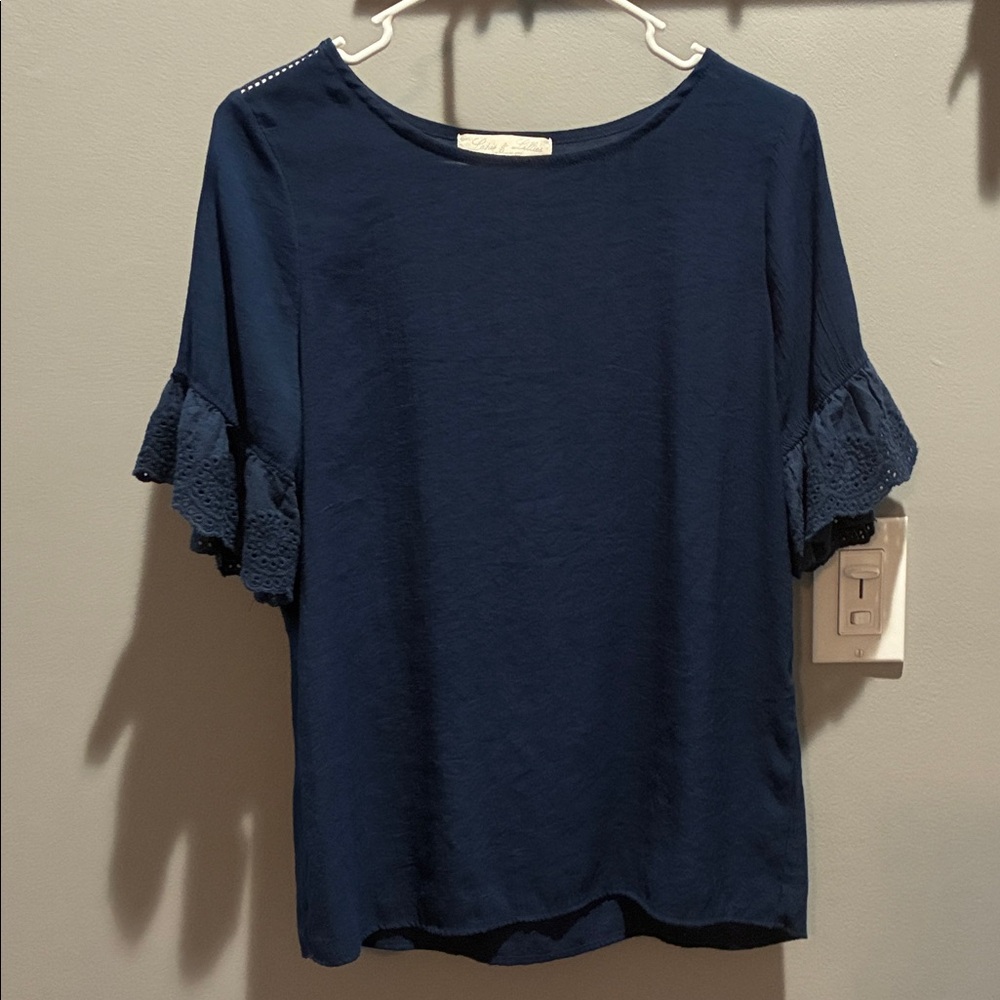 Chic Navy Blue Blouse with Ruffled Sleeves